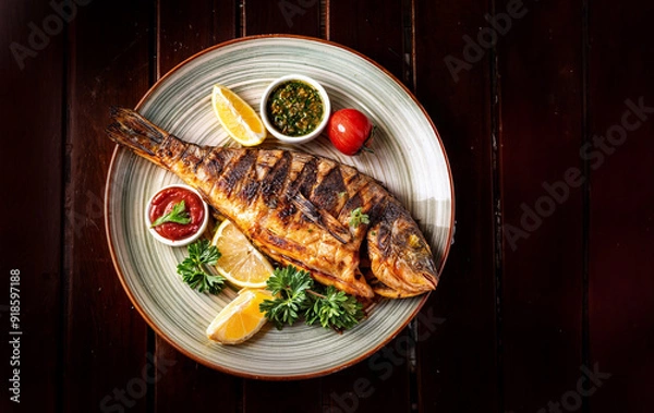 Obraz grill fish on plate top view. fried fish top view