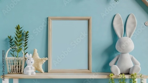 Fototapeta   A picture frame rests on a shelf with a stuffed bunny and rabbit figurine nearby