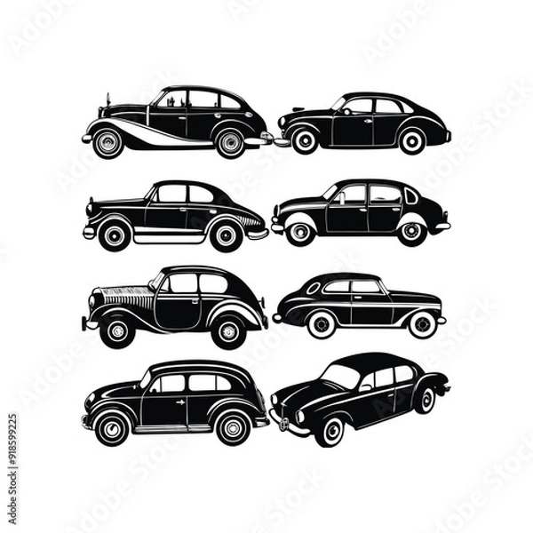 Fototapeta Vintage Car set Silhouette Vector Illustration on white background 1