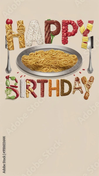 Fototapeta A happy birthday card with spaghetti and forks on a plate, AI