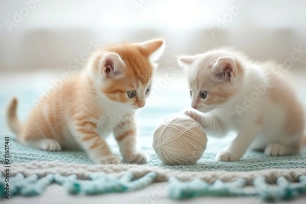 Obraz two kittens playing with ball of yarn, Cute little cats playing with ball of wool in pastel setting