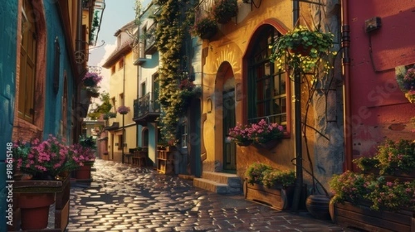 Obraz Enchanting European Charm Cobblestone Streets and Colorful Buildings in a Historic Town Cultural Heritage and Architectural Beauty Captured in Vibrant Detail