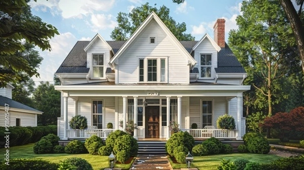 Fototapeta Modern Elegance Luxury White House with Gable Roof and Inviting Front Porch Ideal Home Design Concept with Lush Green Landscaping Stock Image for Real Estate Architecture and Home Decor Themes