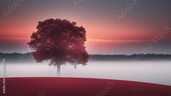 Fototapeta Tranquil dawn/sunset landscape with a tree foggy field and mirrored water set against a warm red-purple sky.