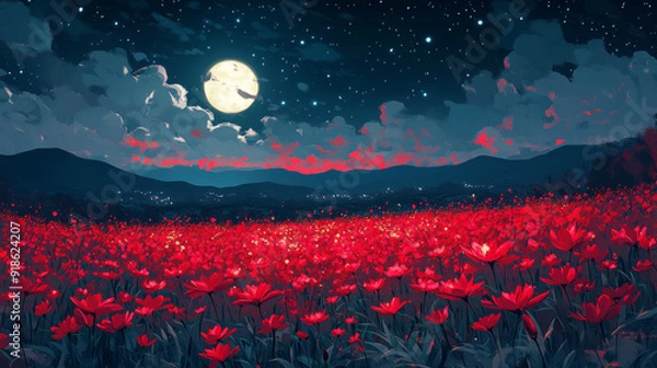 Obraz red spider lily field, night sky with moon and stars, fantasy anime style