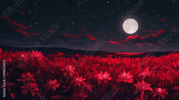 Obraz red spider lily field at night with full moon, stars in the sky, in the fantasy anime style
