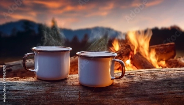 Fototapeta White campfire enamel coffee mug mockup outdoor view. Empty mug layout for design promotion.