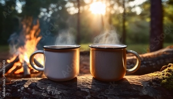Fototapeta 2 White campfire enamel coffee mug mockup river view. Empty mug mock up for design promotion