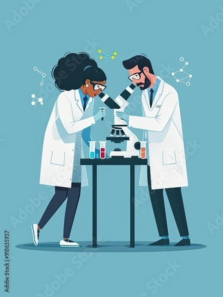 Obraz Medical research, scientists with microscopes, flat design illustration