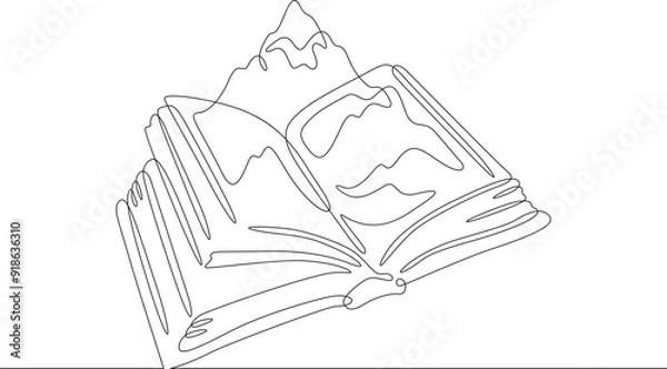 Fototapeta An open book. A high mountain grows out of a book. A landscape comes to life on the pages of a book.One continuous line. Line art. Minimum one line. White background. One line drawing.