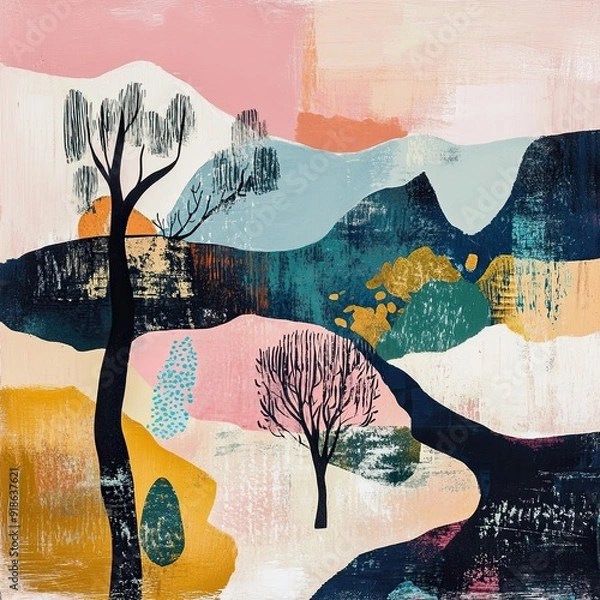 Fototapeta A painting of a mountain landscape with a tree in the foreground
