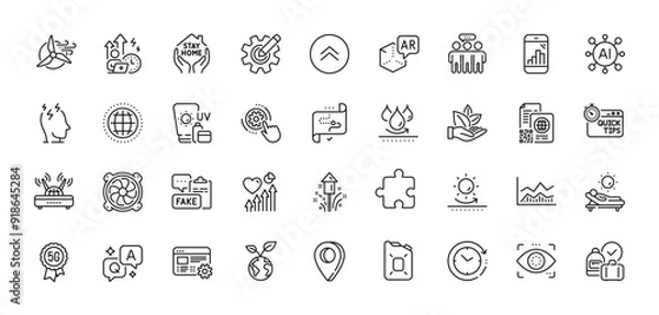 Fototapeta 5g technology, Graph phone and Sun protection line icons pack. AI, Question and Answer, Map pin icons. Puzzle, Globe, Cogwheel settings web icon. Trade infochart, Wifi, Time change pictogram. Vector