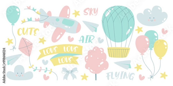 Fototapeta Set of cute air transport vehicle and toys sky flying nursery design elements for baby shower