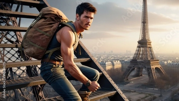 Obraz Man Climbs Eiffel Towel Evacuated