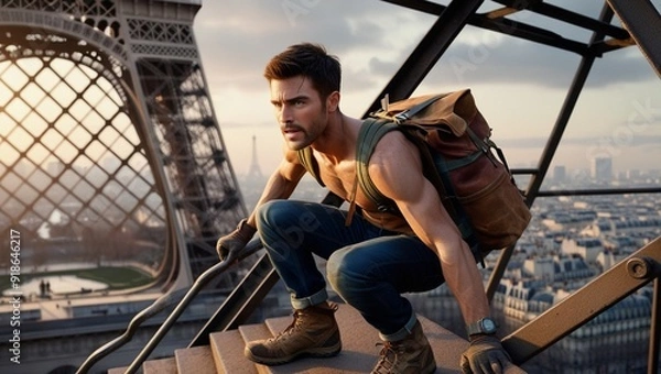 Obraz Man Climbs Eiffel Towel Evacuated