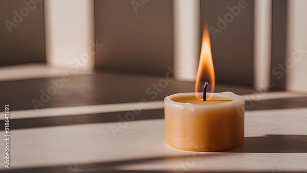 Fototapeta A single lit candle stands on a white table. Generative AI.