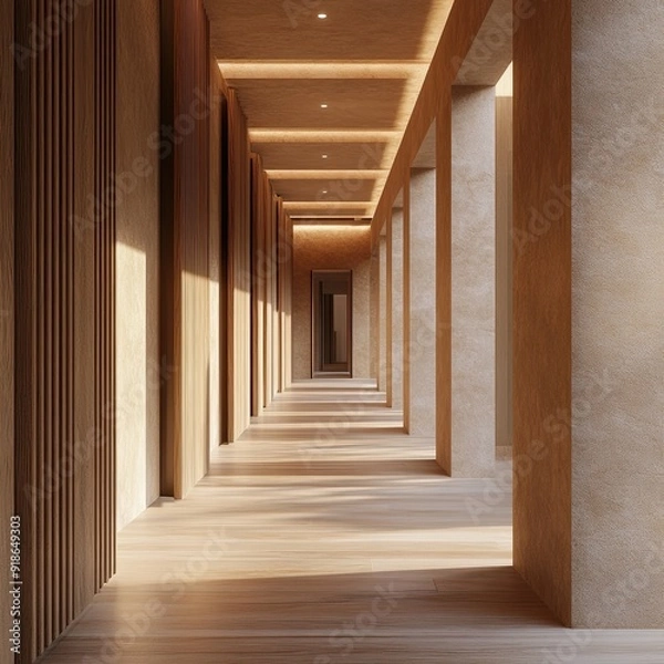 Fototapeta A long hallway with wooden walls and pillars