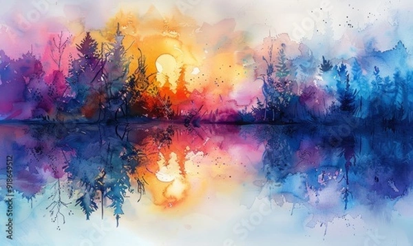 Obraz Watercolor abstract twilight reflections on white.