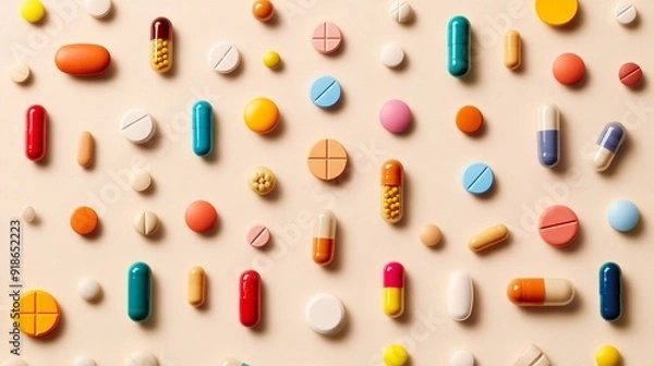 Fototapeta Colorful assortment of various pills and capsules on a beige background