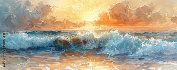 Fototapeta A painting of a beach with a large wave crashing in the background