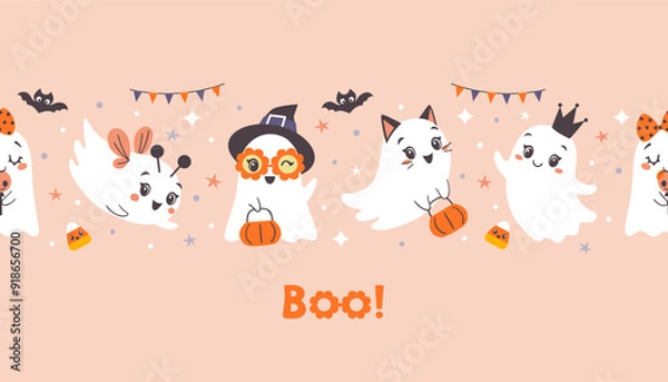 Obraz Seamless Halloween border of cute little girl ghosts on pink background in flat cartoon style.