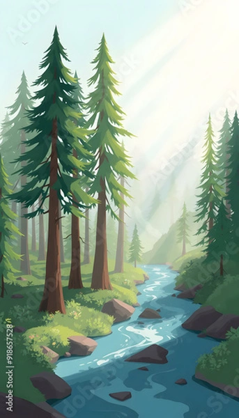Obraz Lofi anime illustration of a wild nature park with a lake and evergreen trees with sunlight
