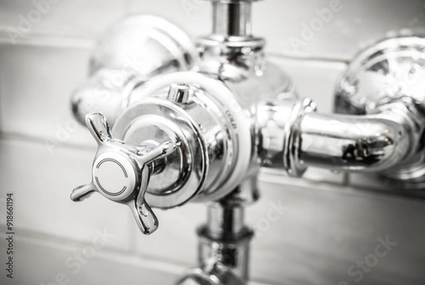 Fototapeta Elegant Chrome Faucet Handle in Modern Bathroom Setting: A Detailed Close-Up of Plumbing Fixture and Design