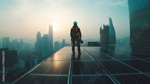 Obraz Renewable Energy Engineer Installing Solar Panels on Skyscraper Roof in City Skyline