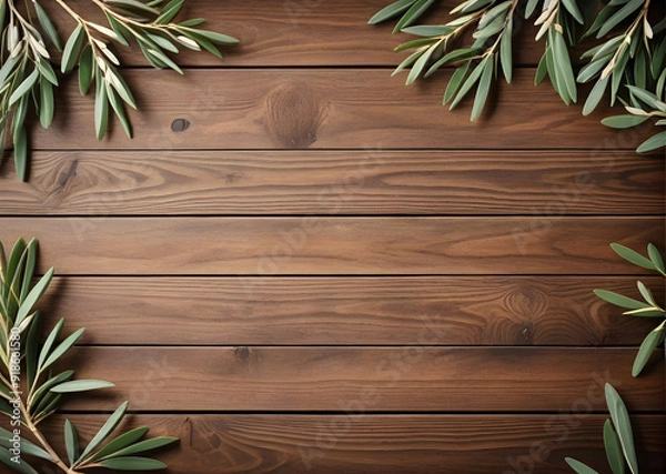 Fototapeta Rustic Wooden Table With Olive Branches Around And Blank Space In The Middle 