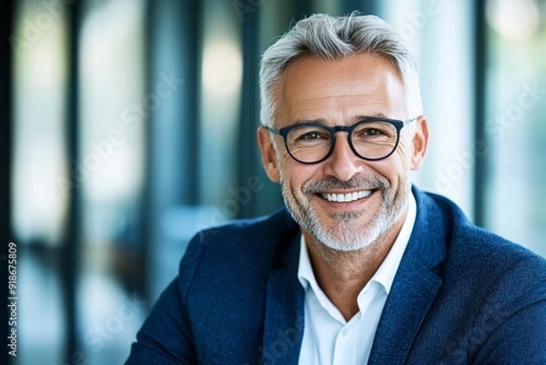 Obraz Confident Senior Businessman in Professional Attire Smiling Inside a Modern Office