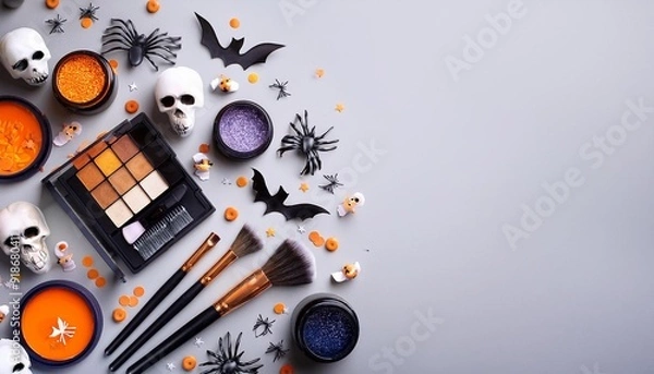 Fototapeta Collection of Halloween makeup items including face paints, brushes, glitter mockup layout. Autumn seasonal background. Graphic art illustration