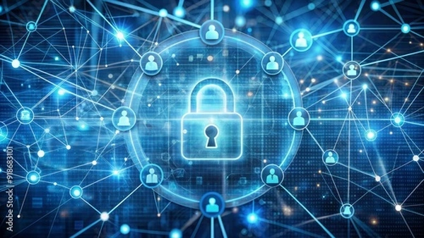 Fototapeta A blue and white image of a key on a lock with a blue background