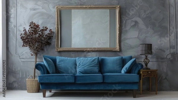 Fototapeta A blue velvet sofa with ornate pillows sits in a room with a large ornate gold frame, a lamp, and a plant in a wicker basket.