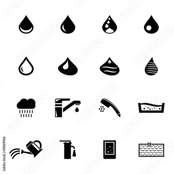 Obraz Vector black water icons set on white bagckground