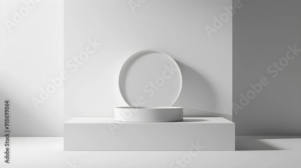 Fototapeta White round pedestal with light from above. Suitable for displaying fashion products