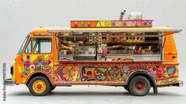 Obraz A vibrant food truck with a detailed side mural and open serving window, against a completely white background