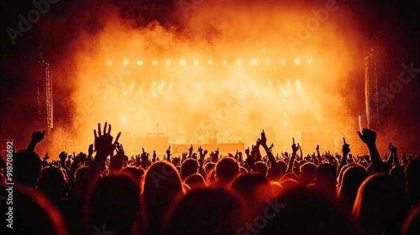 Fototapeta a crowd of people at a concert with their hands in the air