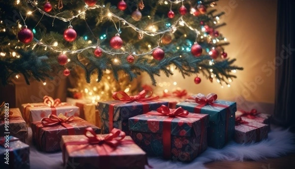 Fototapeta merry christmas background with a close-up of beautifully wrapped gifts under a decorated tree, soft fairy lights in the background, copy space above, high detail, vibrant color, ai