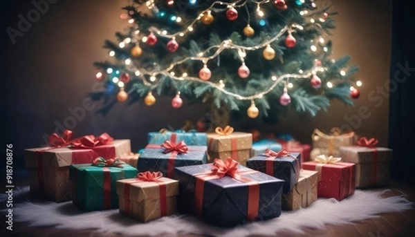 Fototapeta merry christmas background with a close-up of beautifully wrapped gifts under a decorated tree, soft fairy lights in the background, copy space above, high detail, vibrant color, ai