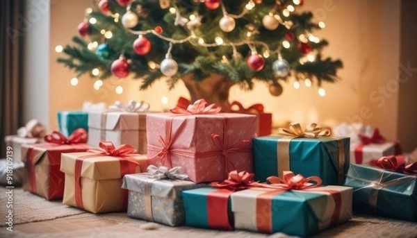 Fototapeta merry christmas background with a close-up of beautifully wrapped gifts under a decorated tree, soft fairy lights in the background, copy space above, high detail, vibrant color, ai