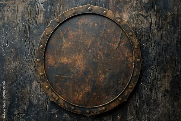 Fototapeta A metal plate with rivets attached to a wooden surface