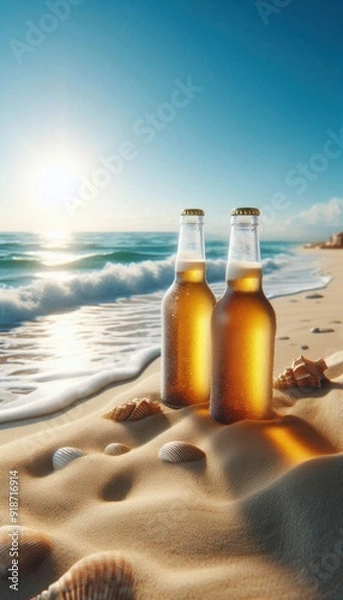 Fototapeta two bottle of beers on the sand , view of the beach
