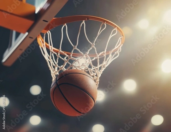 Fototapeta A close up shot of a basketball going through the net of a hoop in a clean fashion on the spotlight, sports photography, professional shot, with decent lighting