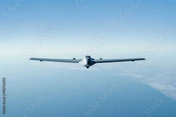 Fototapeta A small airplane flies over a large body of water, great for use in travel or adventure-themed designs