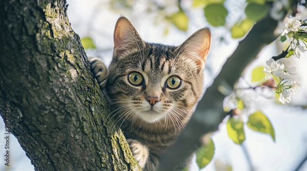 Fototapeta A cute white kitten with green eyes sitting on a tree branch, surrounded by nature and grass