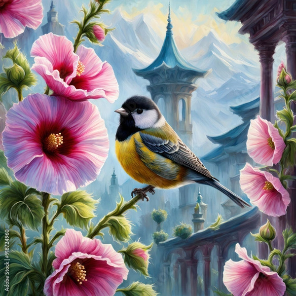 Obraz bird on a branch of flowers generative IA	