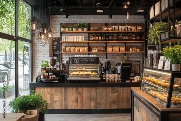 Obraz Modern Coffee Shop Interior Design with Rustic Accents