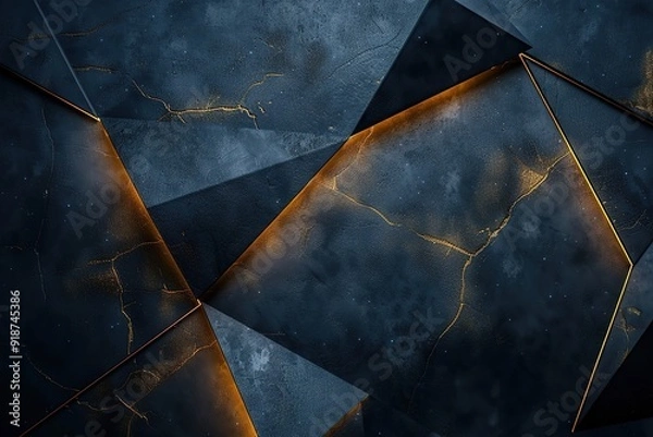 Fototapeta Abstract geometric pattern with glowing edges and a dark blue textured background.