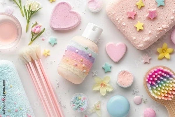 Fototapeta LGBTQ-friendly bath products for relaxing self-care, LGBTQ, visualizing acceptance and pampering