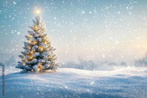 Fototapeta merry christmas background featuring a snow-covered landscape with a decorated pine tree on the left, twinkling fairy lights, and a clear blue sky, ample copy space on the right, dramatic dutch, ai